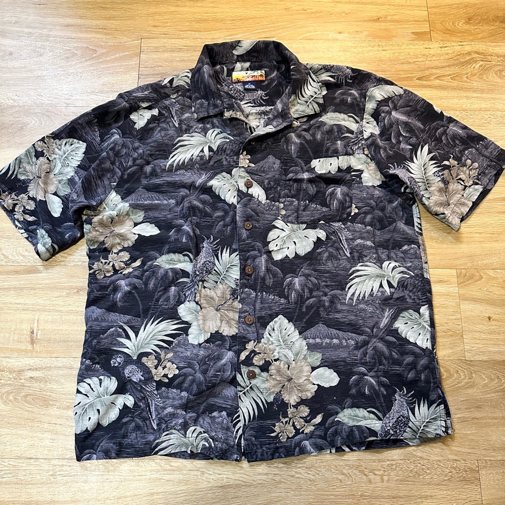 Havana Jacks Cafe Shirt men's medium green Floral silk Hawaiian short sleeve